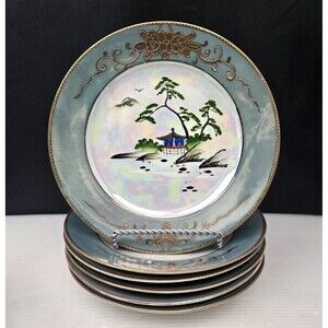 6 Takito TT Lusterware House Tree Landscape Dessert Lunch Plates Japan 7.25" Vtg